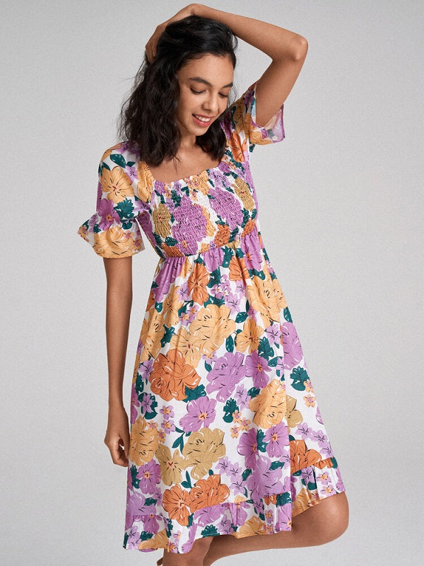 Flower Print Shirred Puff Sleeve High Waist Square Collar Dress