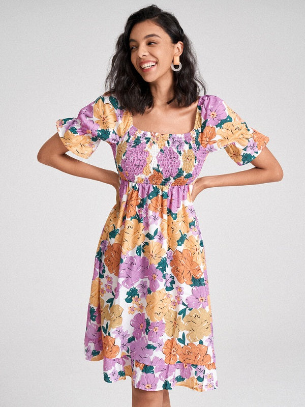 Flower Print Shirred Puff Sleeve High Waist Square Collar Dress