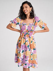 Flower Print Shirred Puff Sleeve High Waist Square Collar Dress