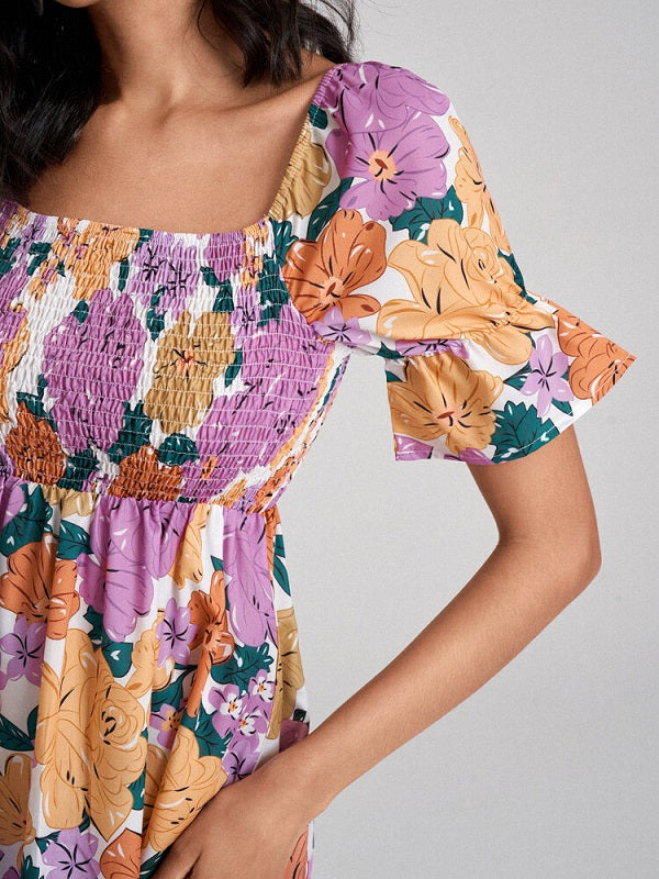 Flower Print Shirred Puff Sleeve High Waist Square Collar Dress