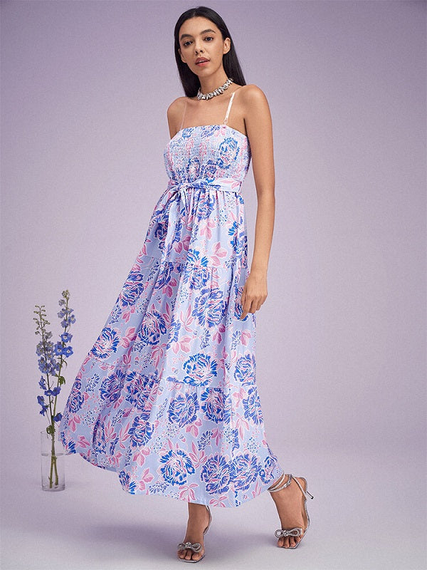 Flower Print Shirred Tube Dress With Belt