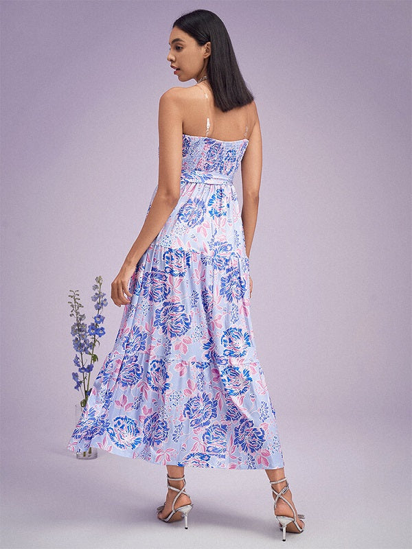 Flower Print Shirred Tube Dress With Belt