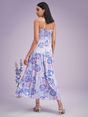 Flower Print Shirred Tube Dress With Belt