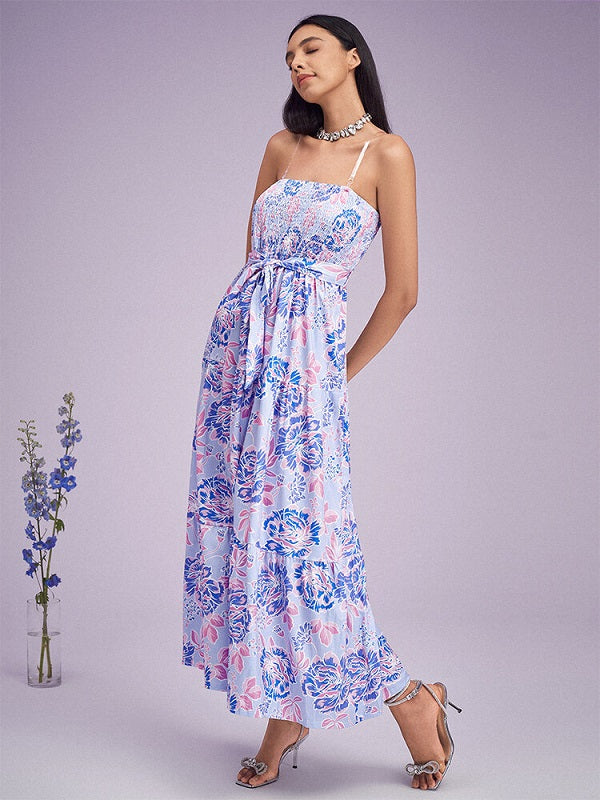 Flower Print Shirred Tube Dress With Belt
