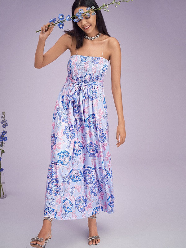 Flower Print Shirred Tube Dress With Belt