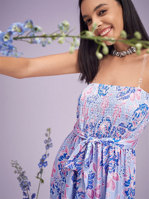 Flower Print Shirred Tube Dress With Belt