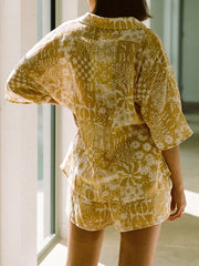 Flower Print Short Sleeve Shirt With Elastic Waist Shorts Set
