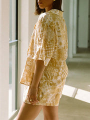 Flower Print Short Sleeve Shirt With Elastic Waist Shorts Set