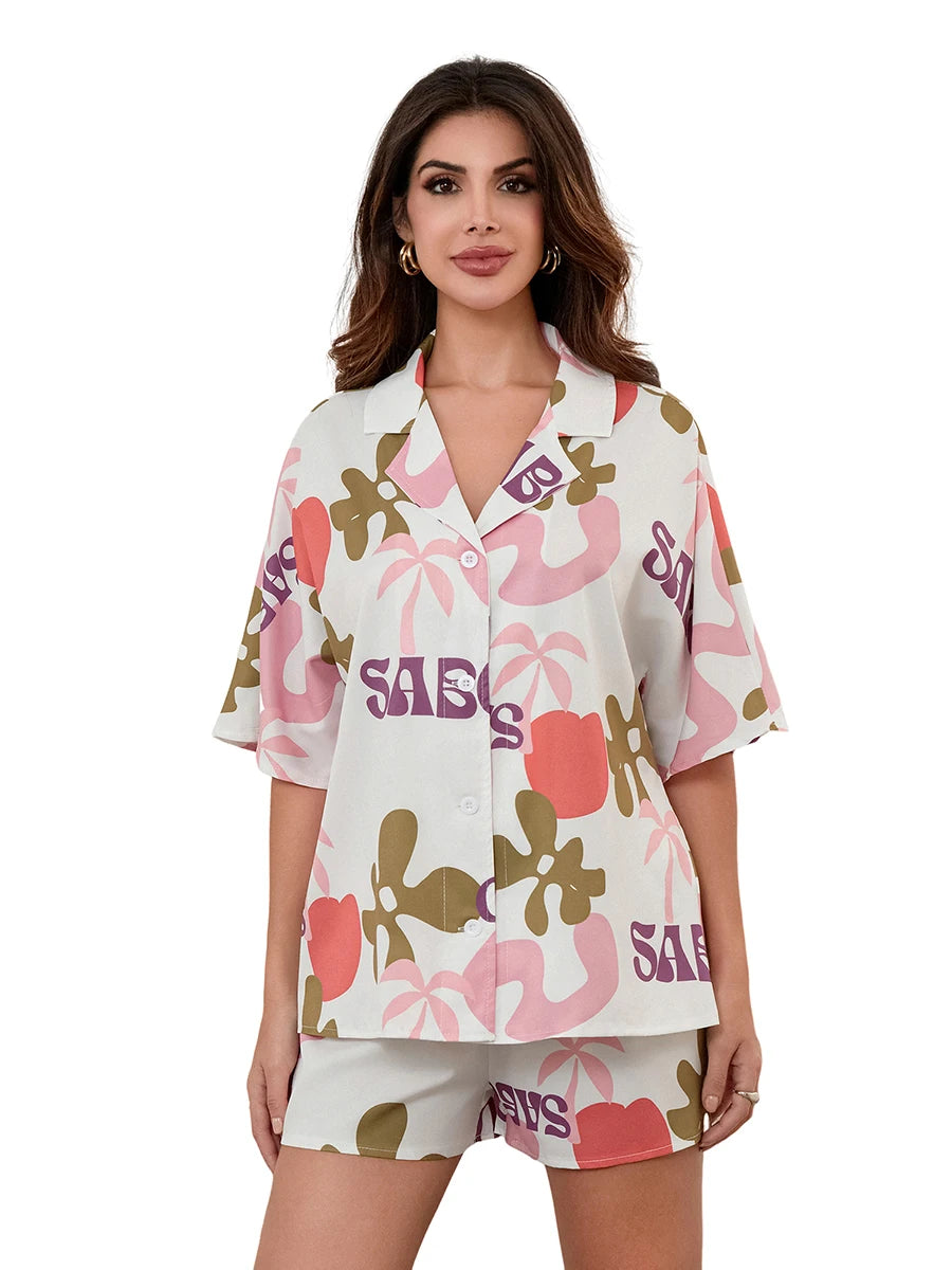 Causal Flower Print Short Sleeve Shirt Single Breasted Shorts Set