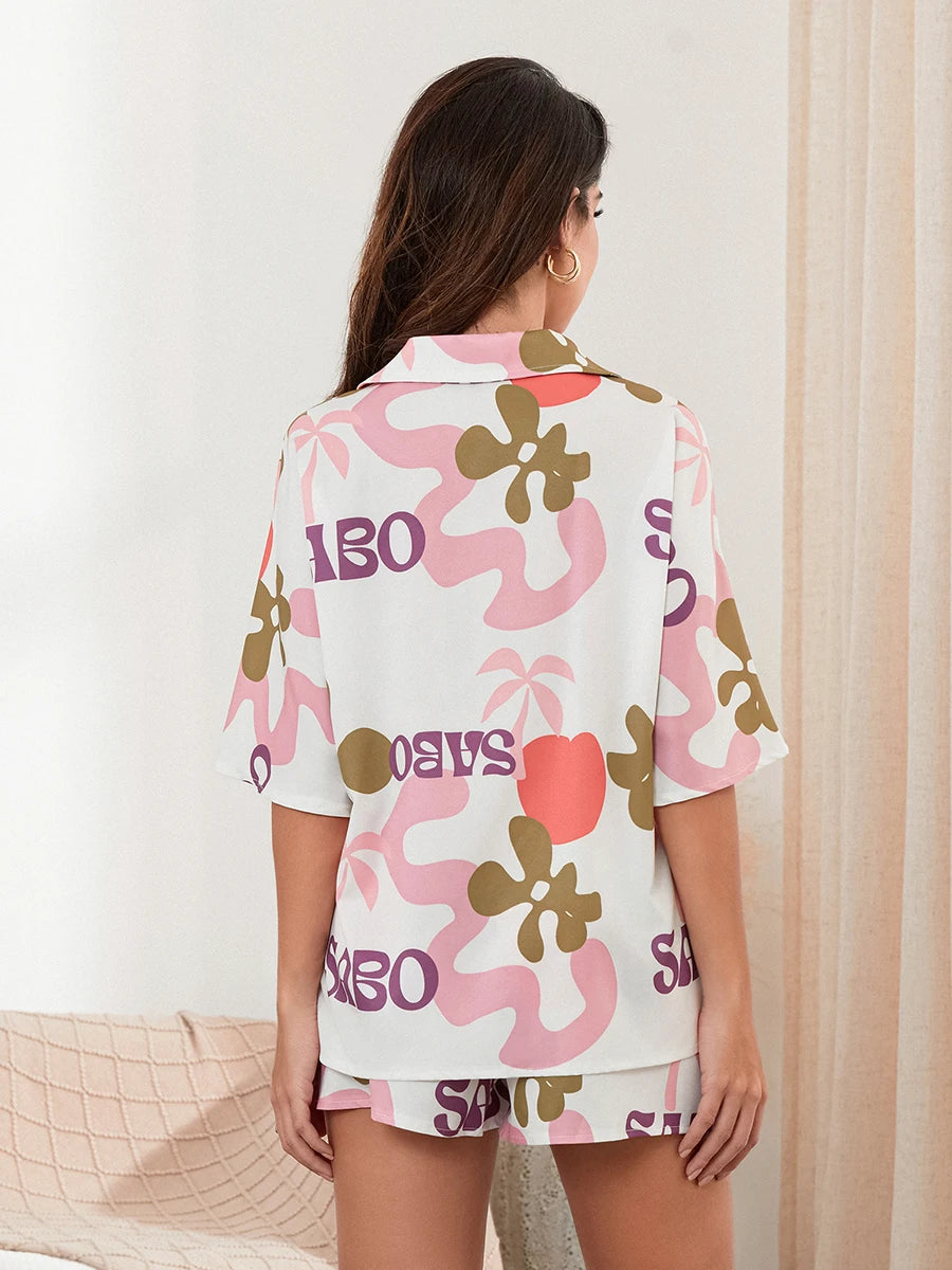 Causal Flower Print Short Sleeve Shirt Single Breasted Shorts Set