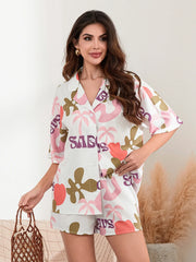 Causal Flower Print Short Sleeve Shirt Single Breasted Shorts Set