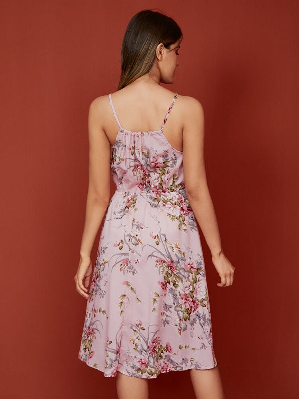 Flower Print Spaghetti Strap Open Back Midi Dress