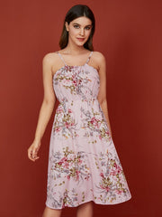 Flower Print Spaghetti Strap Open Back Midi Dress