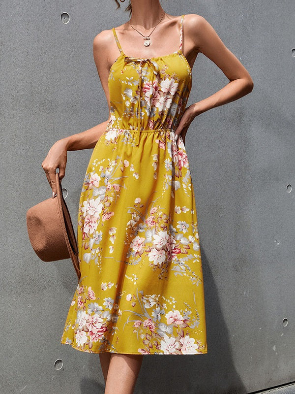 Flower Print Spaghetti Strap Open Back Midi Dress