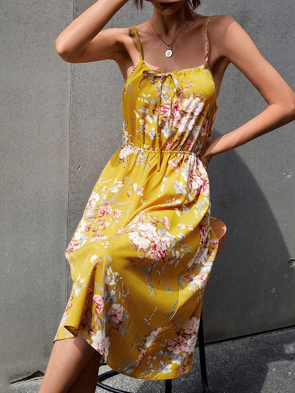 Flower Print Spaghetti Strap Open Back Midi Dress