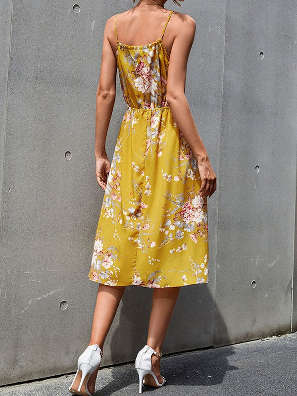 Flower Print Spaghetti Strap Open Back Midi Dress