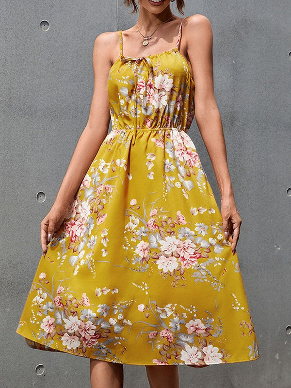 Flower Print Spaghetti Strap Open Back Midi Dress