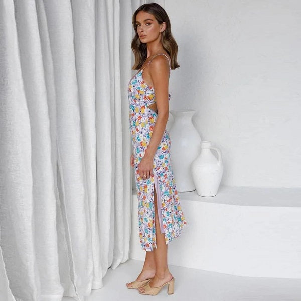 Flower Print Spaghetti Strap V-neck Midi Dress