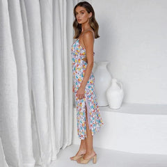 Flower Print Spaghetti Strap V-neck Midi Dress