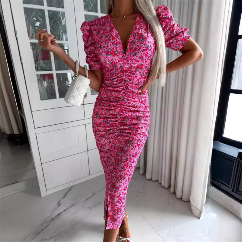 Flower Printed Pleated Bubble Deep V-Neck Pullover Short Sleeve Split Hem Midi Dress