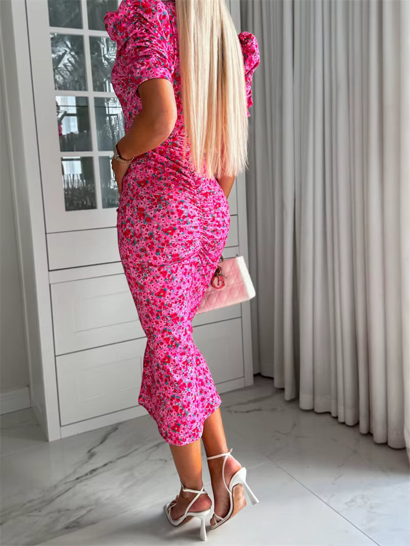 Flower Printed Pleated Bubble Deep V-Neck Pullover Short Sleeve Split Hem Midi Dress