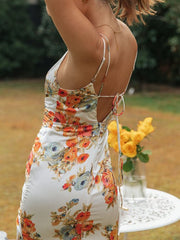 Flower Slit Open Back Drawstring Strap Tie Western Retro Dress