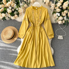 Flower Style Retro Sweet Sleeve A-line Chic Streetwear Midi Long Dress