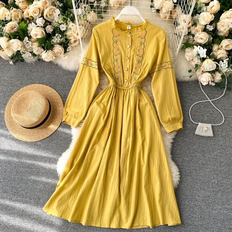 Flower Style Retro Sweet Sleeve A-line Chic Streetwear Midi Long Dress
