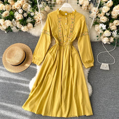 Flower Style Retro Sweet Sleeve A-line Chic Streetwear Midi Long Dress