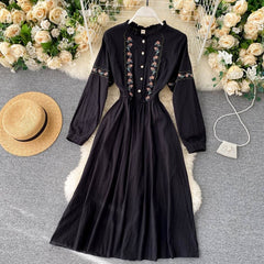 Flower Style Retro Sweet Sleeve A-line Chic Streetwear Midi Long Dress