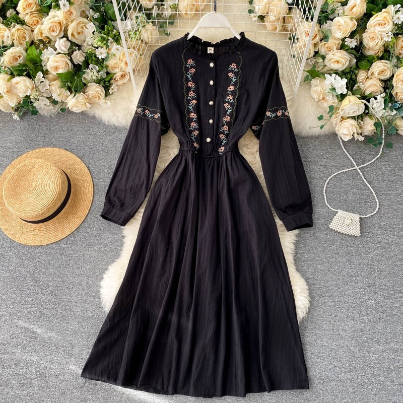 Flower Style Retro Sweet Sleeve A-line Chic Streetwear Midi Long Dress