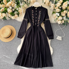 Flower Style Retro Sweet Sleeve A-line Chic Streetwear Midi Long Dress