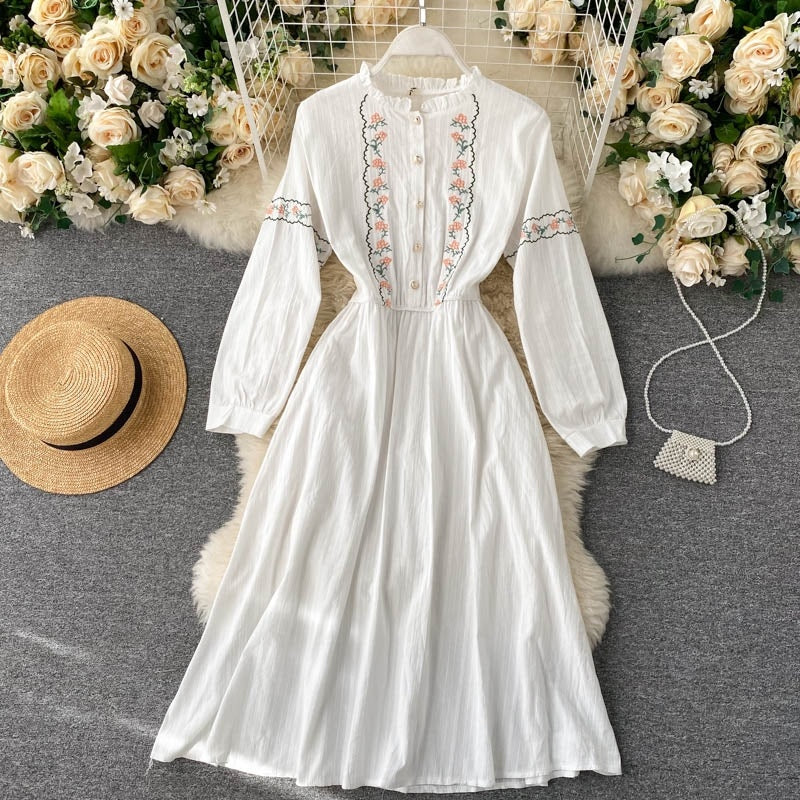 Flower Style Retro Sweet Sleeve A-line Chic Streetwear Midi Long Dress