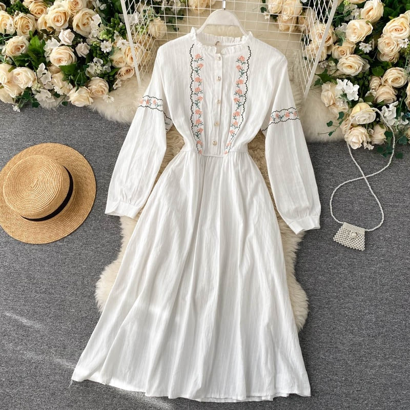 Flower Style Retro Sweet Sleeve A-line Chic Streetwear Midi Long Dress