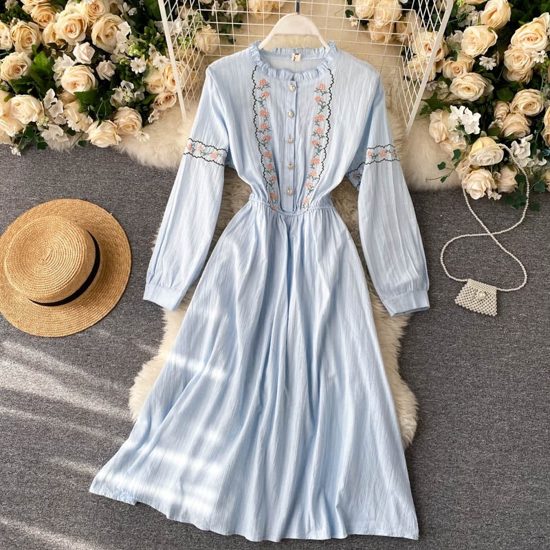 Flower Style Retro Sweet Sleeve A-line Chic Streetwear Midi Long Dress