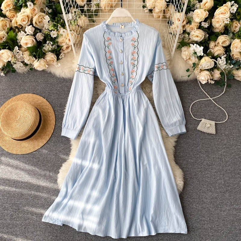 Flower Style Retro Sweet Sleeve A-line Chic Streetwear Midi Long Dress