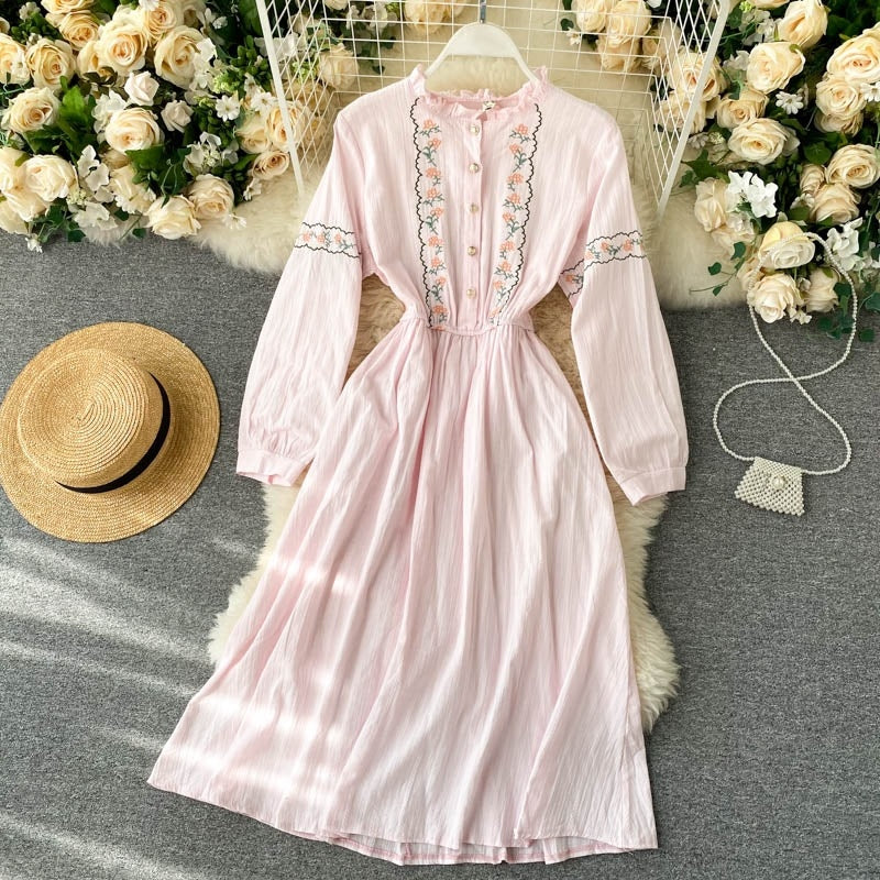 Flower Style Retro Sweet Sleeve A-line Chic Streetwear Midi Long Dress
