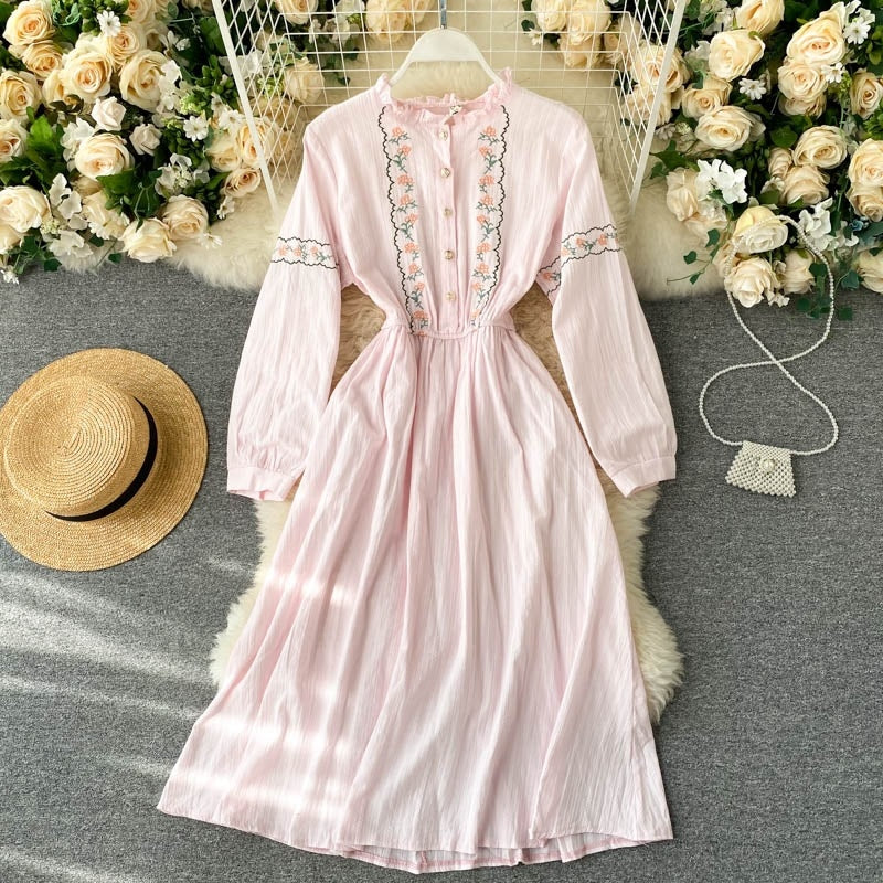 Flower Style Retro Sweet Sleeve A-line Chic Streetwear Midi Long Dress