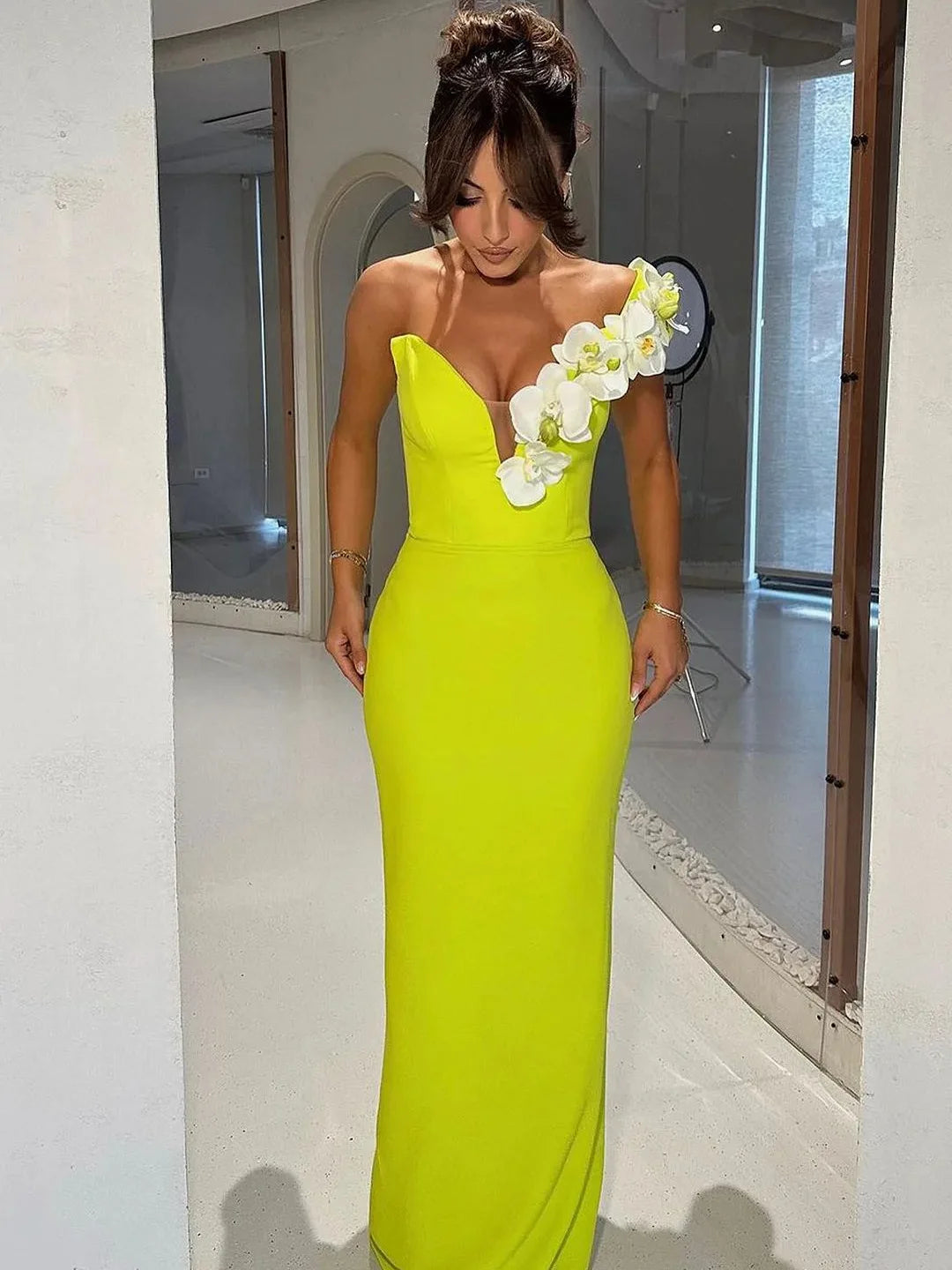 Flower V-Neck Strapless zipper High Street Bandage Bodycon Long Dress