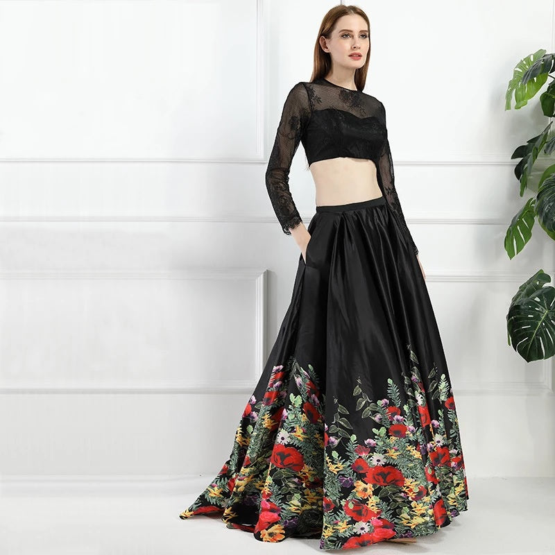 Flowers A-Line Two Pieces Satin Prom Dress