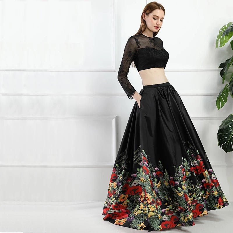 Flowers A-Line Two Pieces Satin Prom Dress
