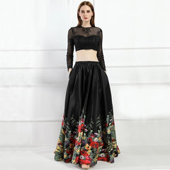 Flowers A-Line Two Pieces Satin Prom Dress