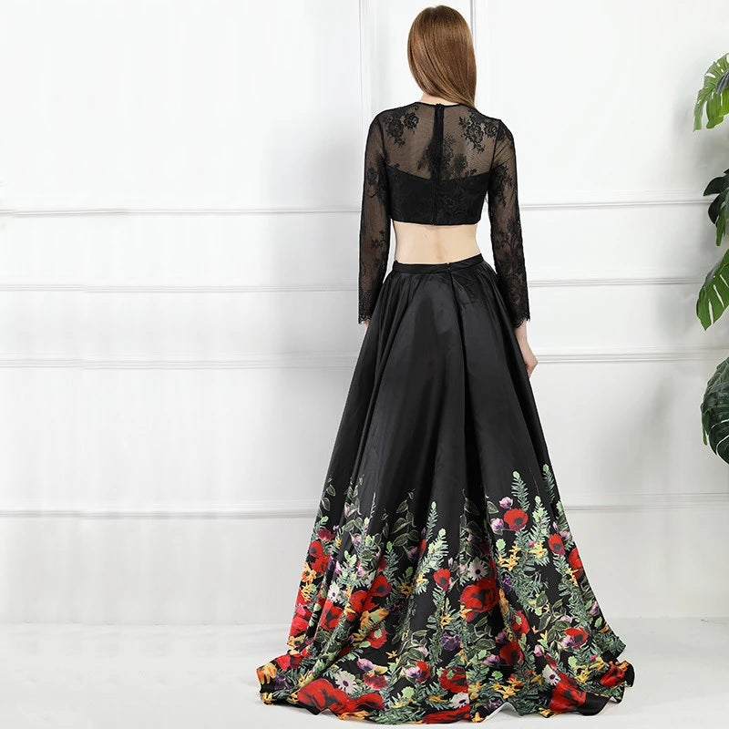 Flowers A-Line Two Pieces Satin Prom Dress