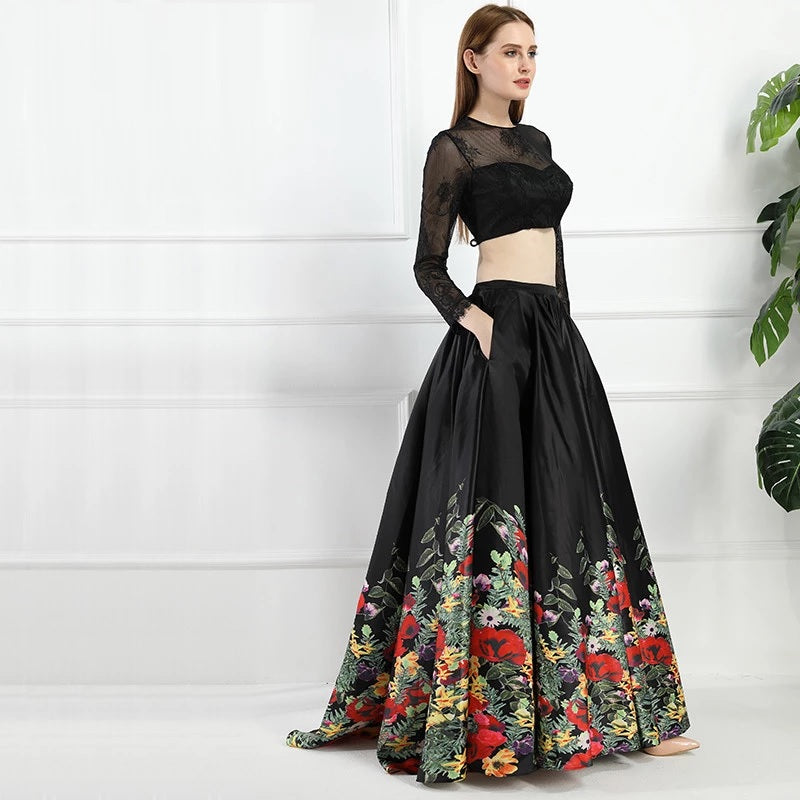 Flowers A-Line Two Pieces Satin Prom Dress