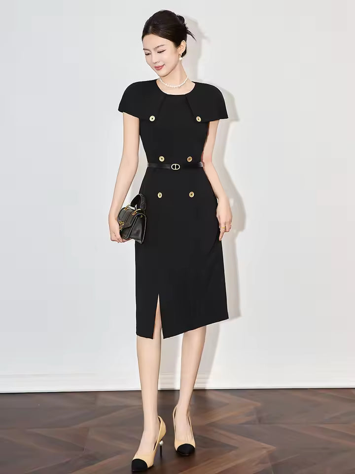 Formal Designer Double Breasted Cloak Sleeve Office Style Midi Dress