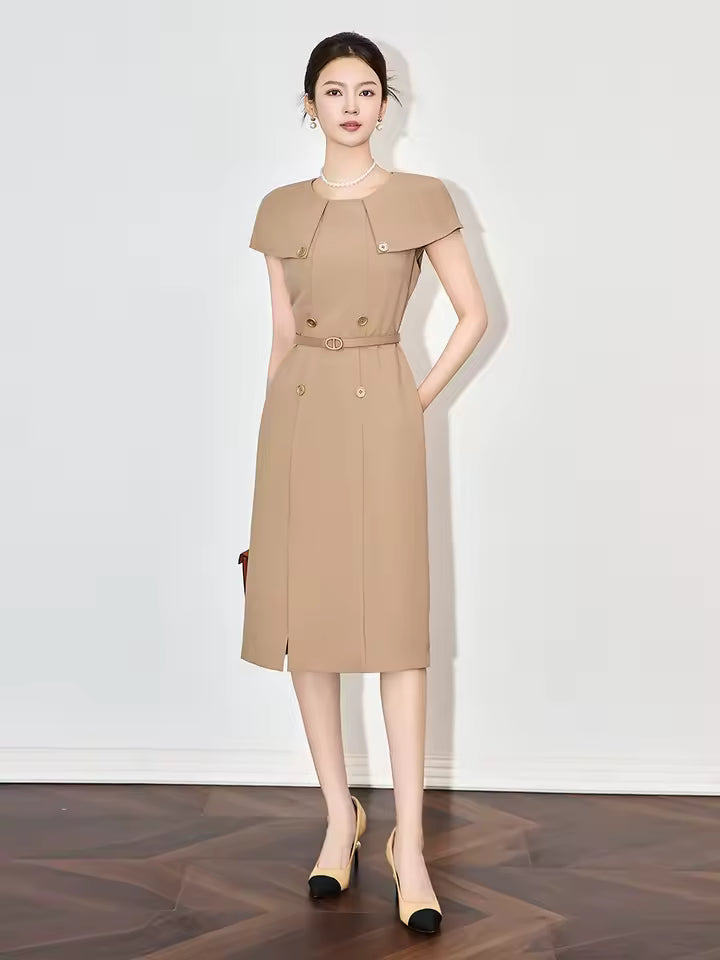 Formal Designer Double Breasted Cloak Sleeve Office Style Midi Dress
