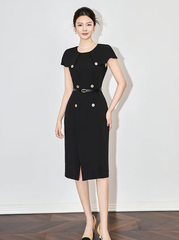 Formal Designer Double Breasted Cloak Sleeve Office Style Midi Dress