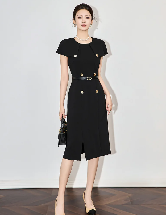 Formal Designer Double Breasted Cloak Sleeve Office Style Midi Dress