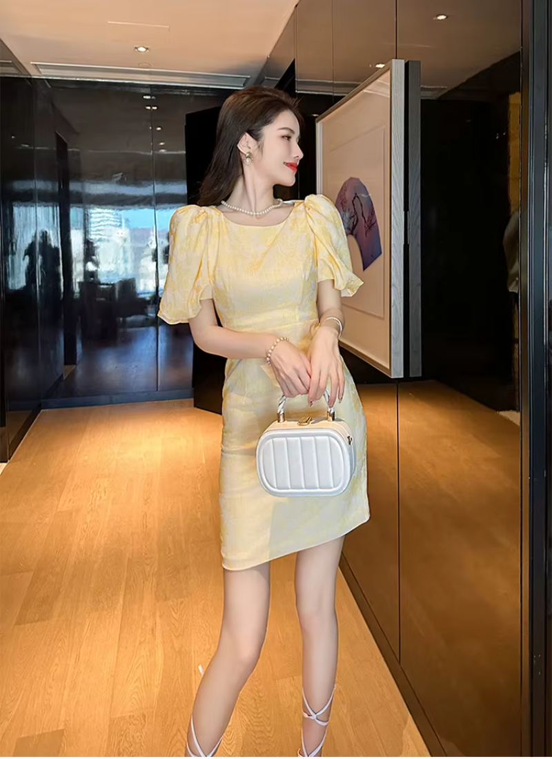 Formal Pencil Short Print Retro Puff Sleeve Street Clothes Slim Mini Party Dress