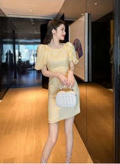 Formal Pencil Short Print Retro Puff Sleeve Street Clothes Slim Mini Party Dress
